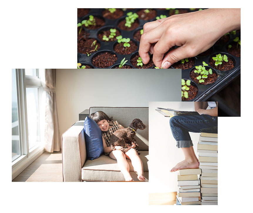 Collage of students playing and learning at Acton